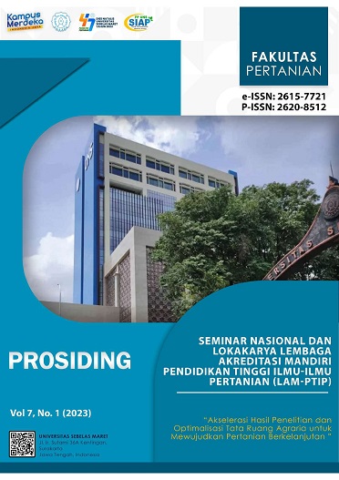 					View Vol. 7 No. 1 (2023): PROSIDING SEMINAR NASIONAL FAKULTAS PERTANIAN UNS DALAM RANGKA DIES NATALIS KE-47 UNS TAHUN 2023
				